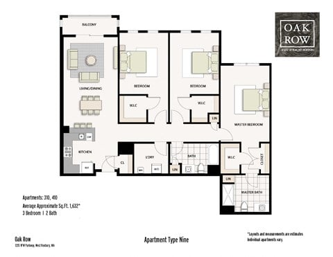 Floor plan for 3 beds, 2 baths, 1632 sqft
